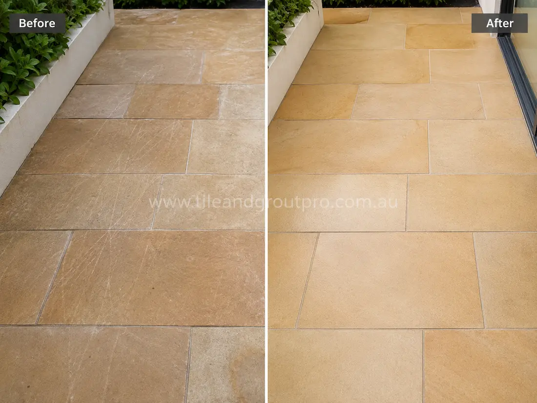 Outdoor patio walkway with beige sandstone tiles before and after scratch removal, showing scratched and worn paving restored to a smooth refreshed finish beside landscaped garden beds.