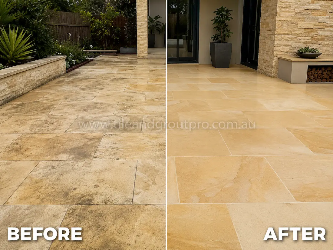 Before and after sandstone grinding restoration on an outdoor courtyard with heavily weathered and discoloured stone paving restored to a bright smooth honed appearance.