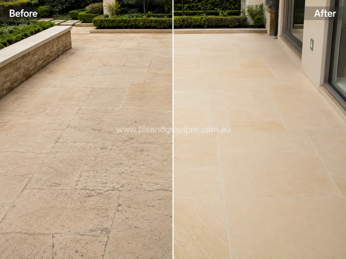 Outdoor residential patio with cream sandstone tiles before and after scratch removal, showing scratched and weathered paving restored to a cleaner brighter natural stone appearance.