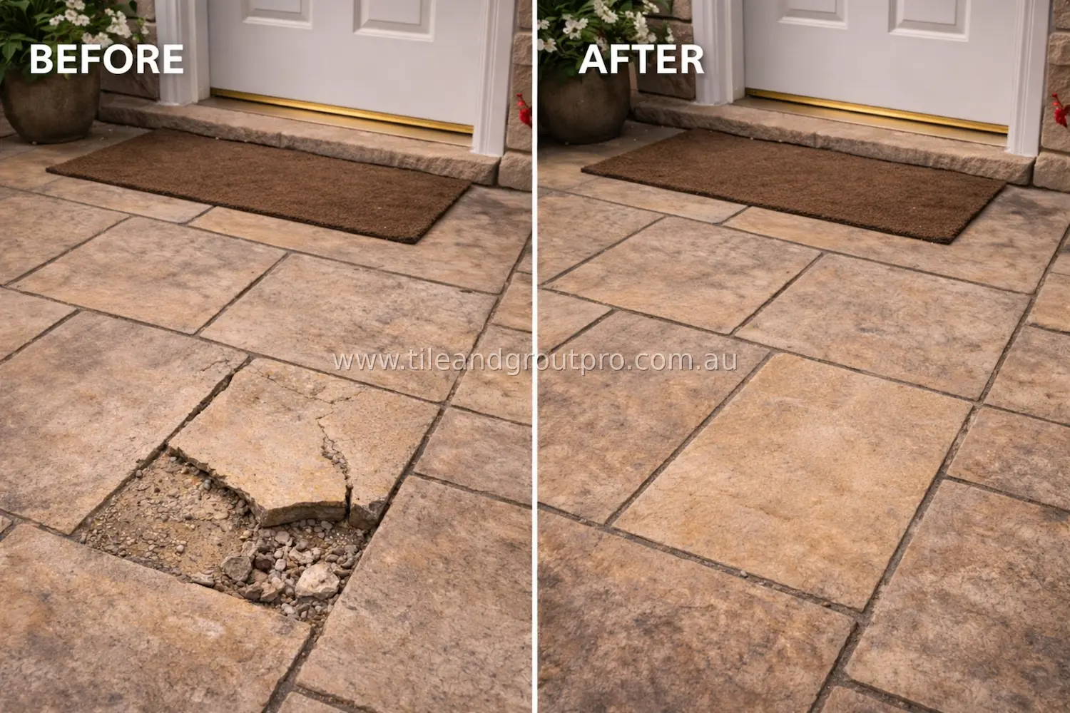 Patio stone repair before and after showing fixed cracked paving tiles
