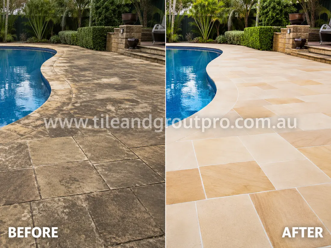 Before and after sandstone grinding around a curved swimming pool with weathered and discoloured outdoor pavers restored to a fresh smooth natural stone finish.