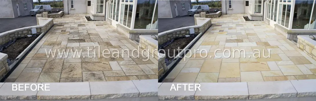 Backyard sandstone patio restoration before and after removing stains and restoring clean uniform finish near home exterior