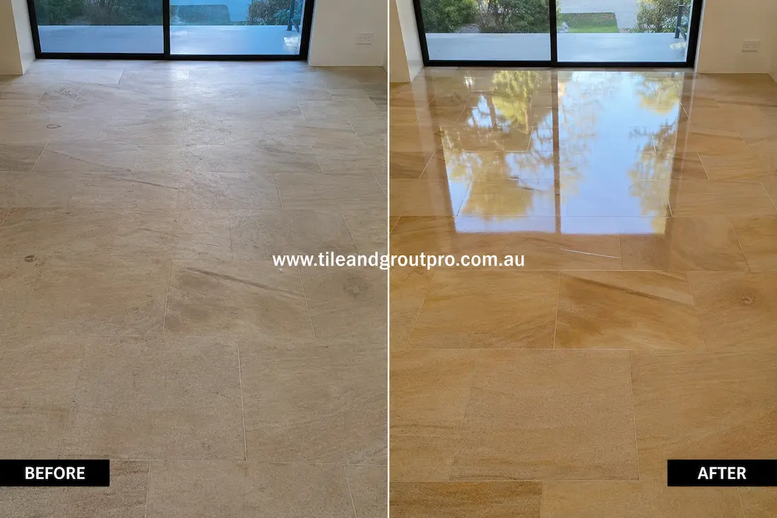 Before stone-polishing of sandstone floor tiles in a sunroom with large glass windows, showing dull finish, faded colour, and low surface reflection.
