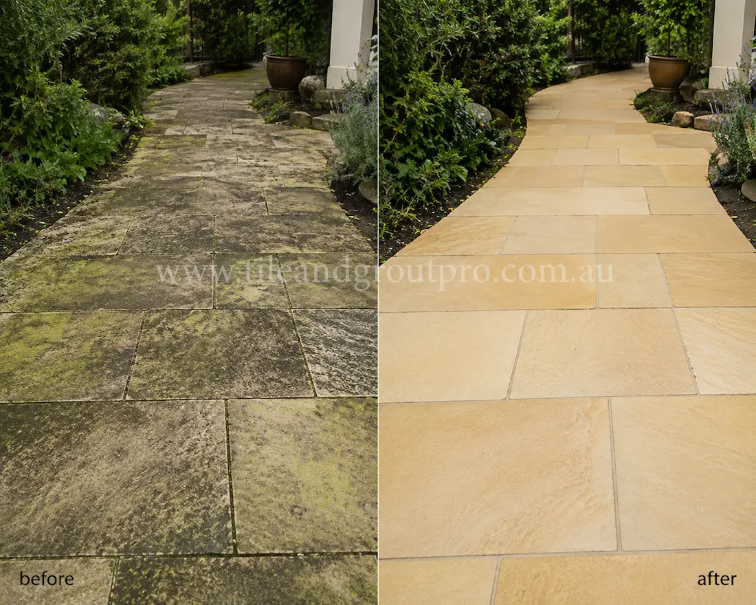 Curved sandstone garden pathway with heavy moss, organic staining, and weather-related discoloration before professional sandstone tile resurfacing.