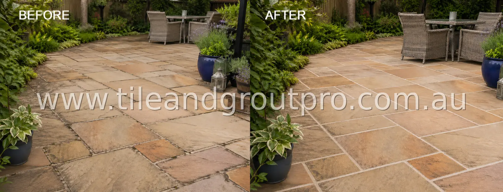 Garden sandstone patio after regrouting and cleaning with fresh grout lines and outdoor seating area