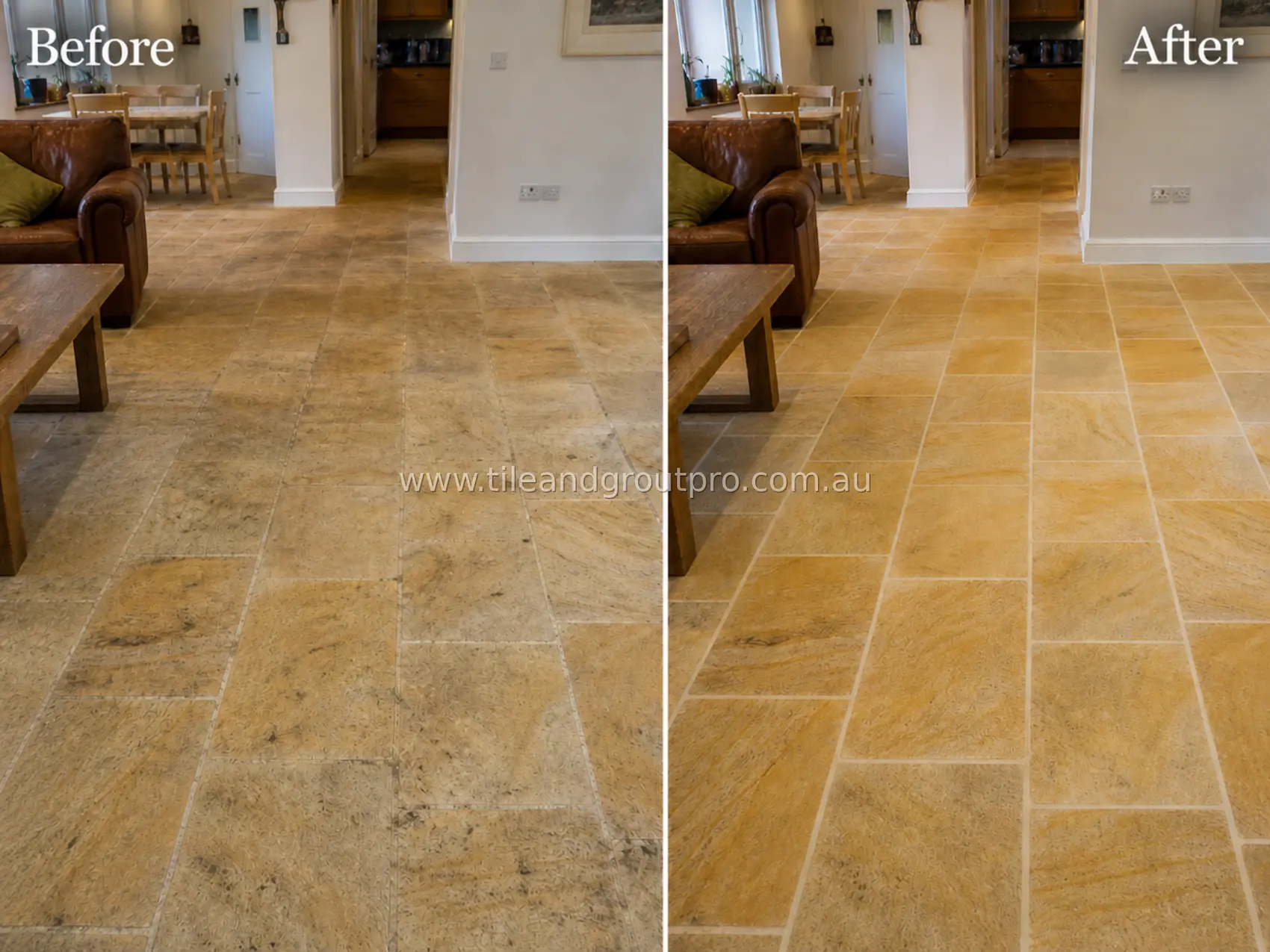 Sandstone natural stone floor tiles in an open-plan living and dining area showing embedded dirt, uneven coloration, and worn grout lines before tile and grout cleaning