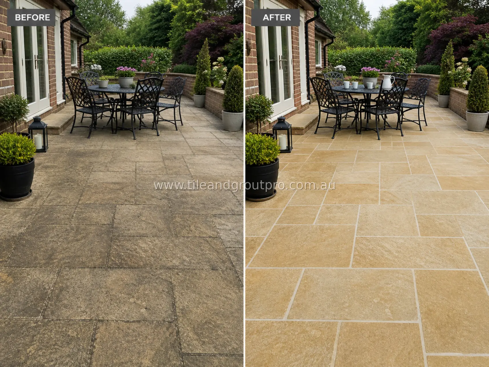 Sandstone natural stone patio tiles in an outdoor dining area with visible grime, weather staining, and dull surface before professional tile and grout cleaning