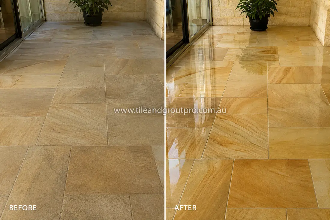 Before stone-polishing of outdoor sandstone floor tiles on a covered patio with dull finish, uneven colouring, and minimal surface shine.