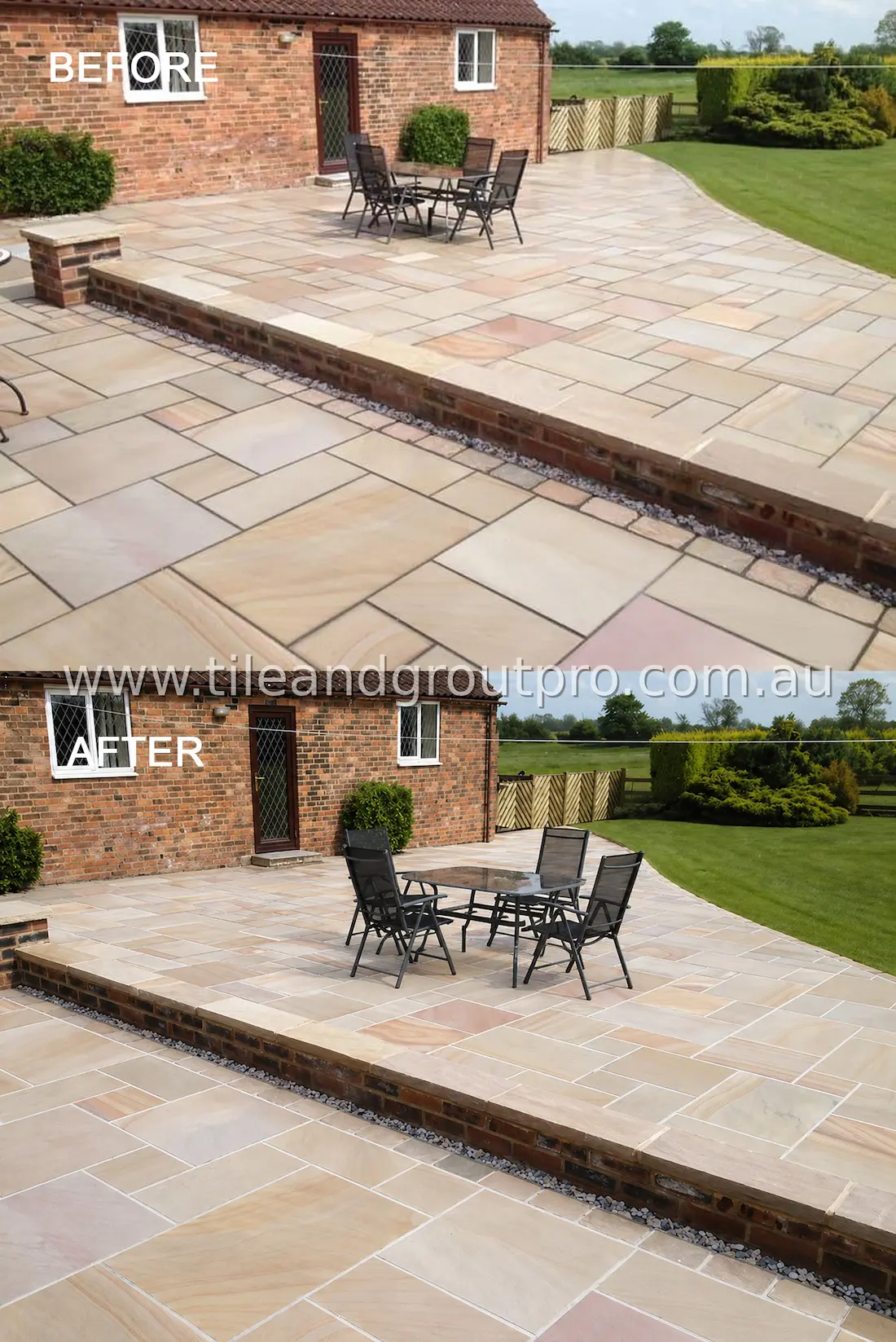 Large sandstone patio restoration after regrouting with even grout lines and refreshed outdoor surface