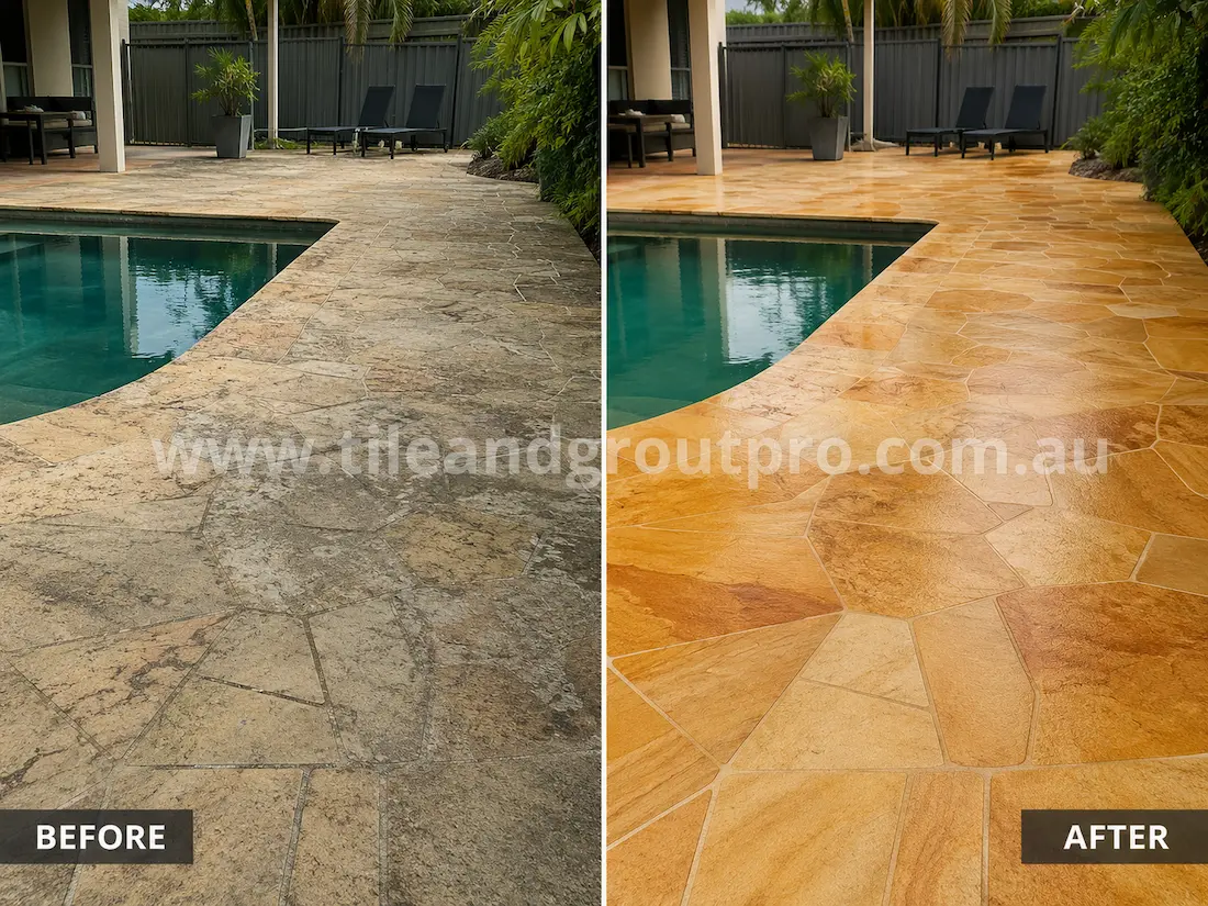Before stone-polishing of sandstone crazy paving around a swimming pool with weathered surface texture, dark staining, and faded natural colour.