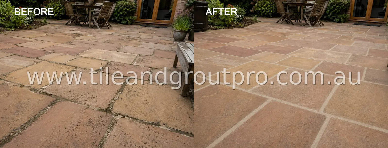 Sandstone terrace before and after regrouting showing complete outdoor patio renovation and clean grout lines