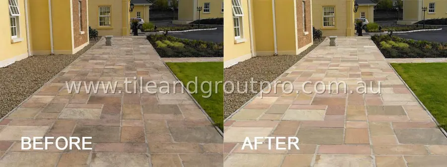 Sandstone walkway restoration before and after pressure cleaning to remove grime and brighten stone surface