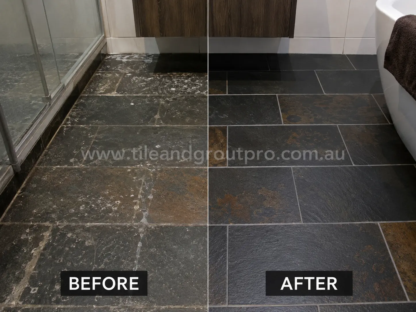 Before-and-after comparison of bathroom slate floor tiles with white sealer residue, dull patches, and uneven surface appearance before Sealer Stripping.