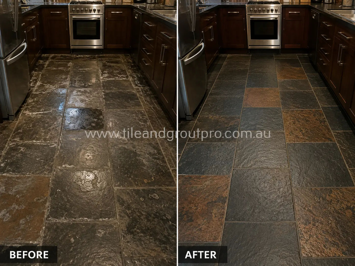 Before-and-after comparison of kitchen slate floor tiles with worn sealer coating, patchy discoloration, and dull finish before Sealer Stripping.