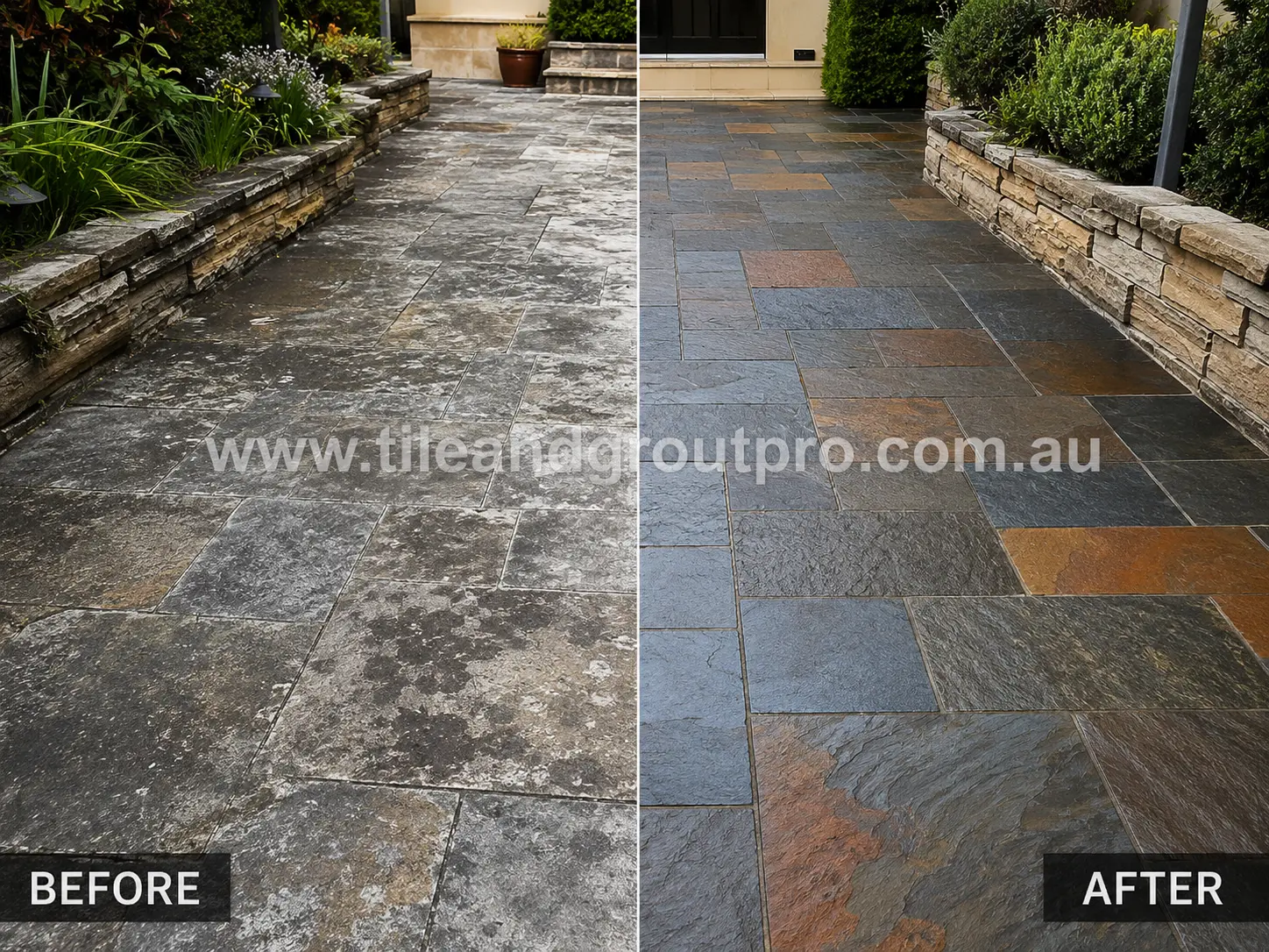 Before-and-after comparison of outdoor slate pathway tiles with weathered sealer residue, whitening, and uneven colouring before Sealer Stripping.