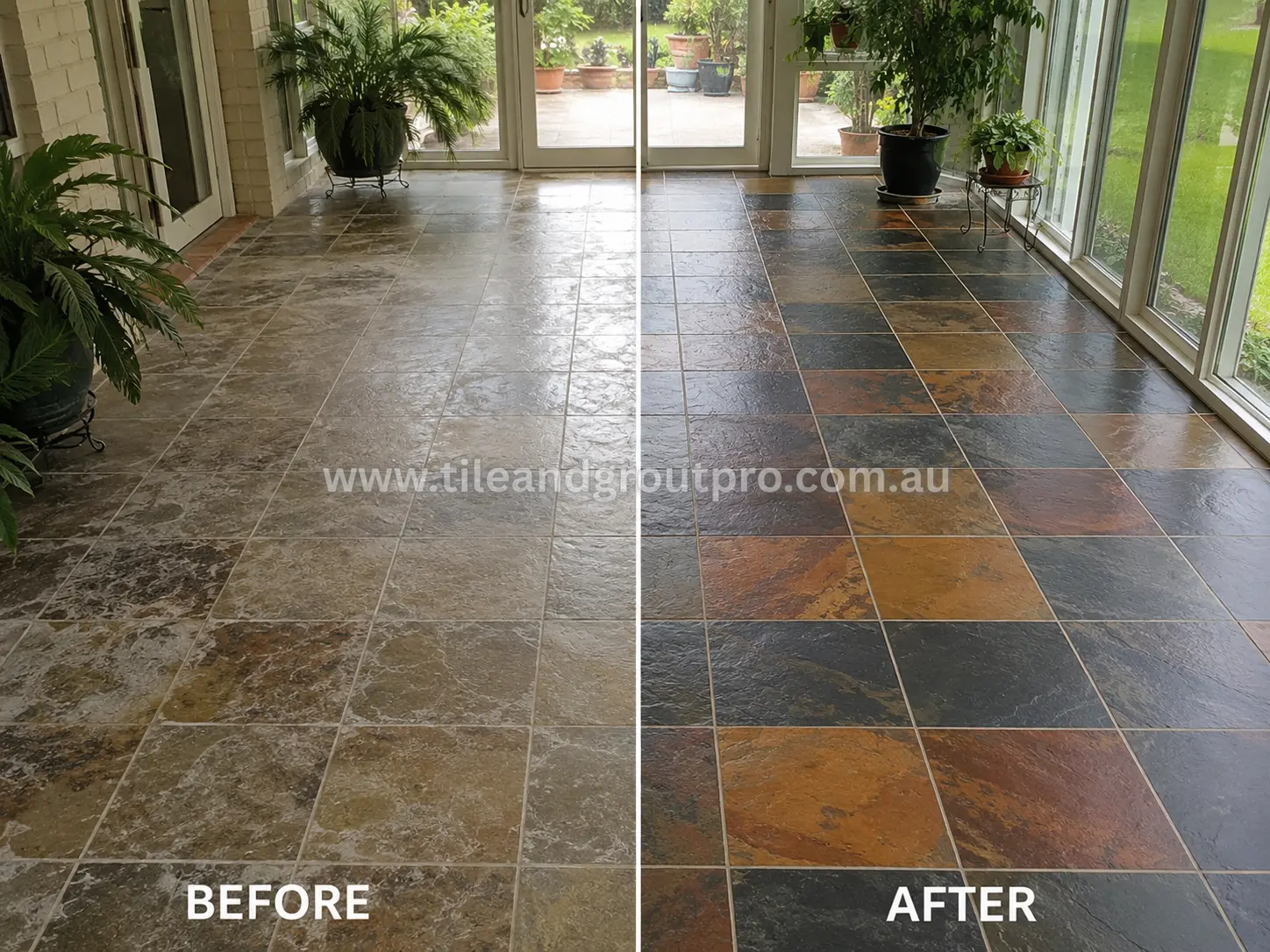 Before-and-after comparison of sunroom slate tile flooring with cloudy sealer buildup, faded finish, and patchy stone appearance before Sealer Stripping.