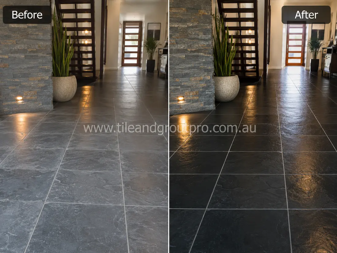 Before stone-polishing of black slate floor tiles in a modern hallway with low sheen, faded stone texture, and uneven surface appearance.