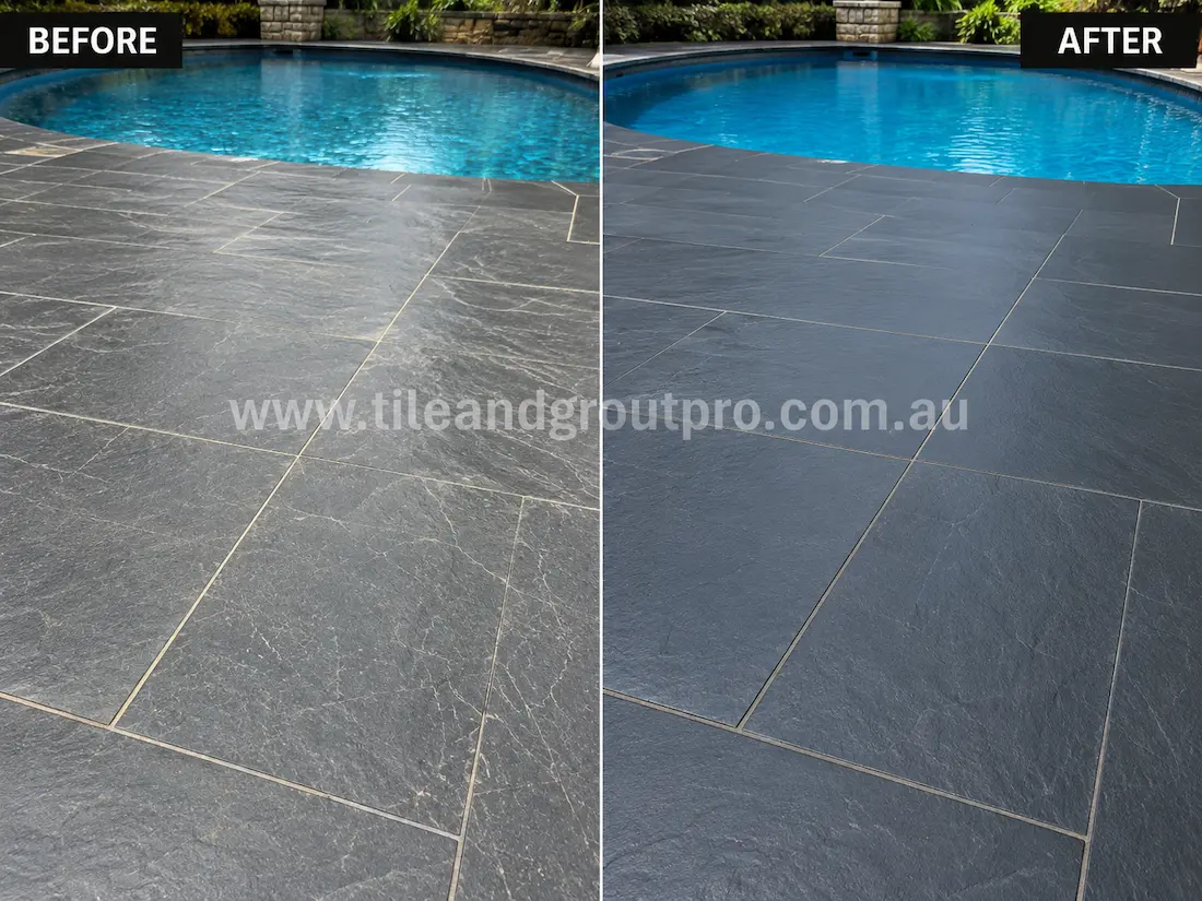 Black slate poolside patio tiles showing light scratches, faded texture, and weathered surface before scratch removal and sealing.