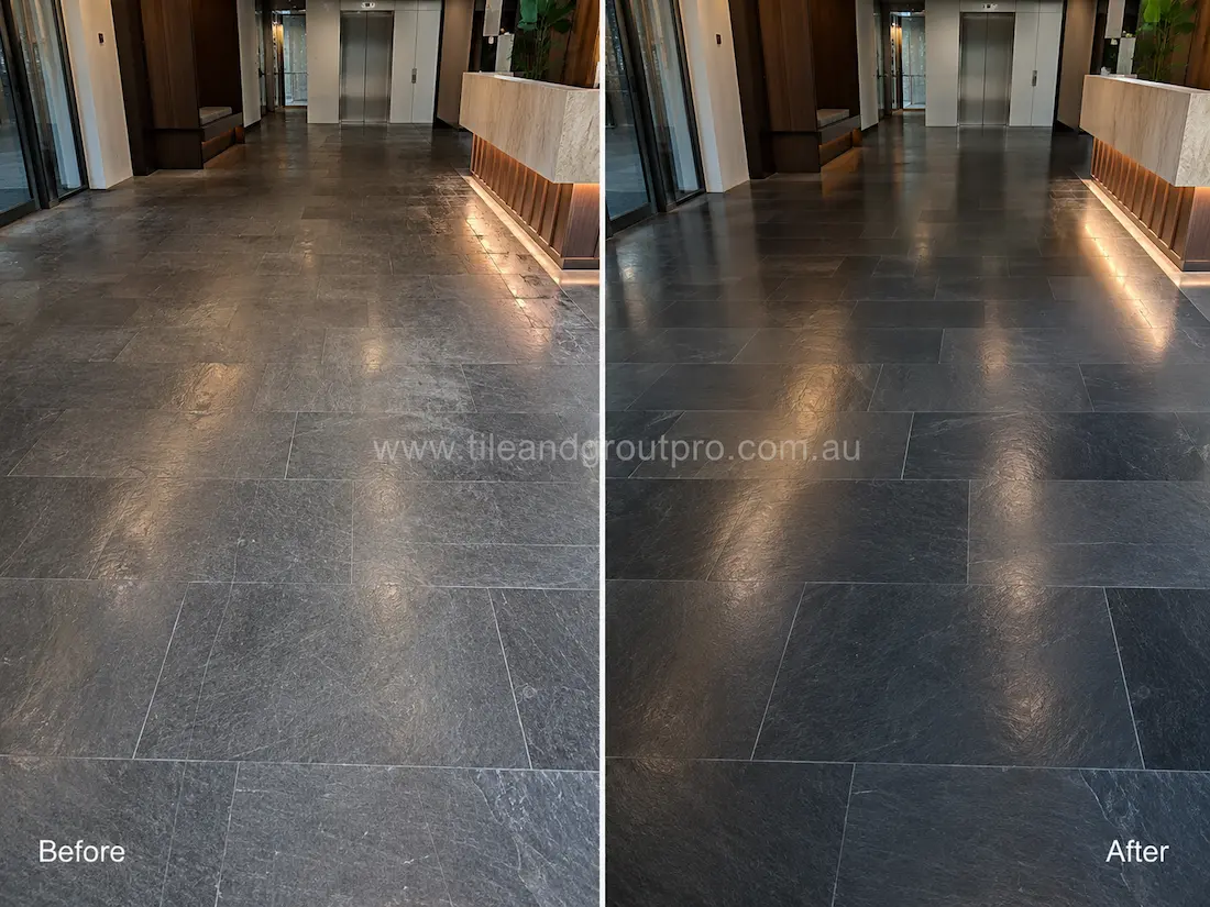 Before and after black slate floor grinding in a modern commercial lobby with dull scratched stone tiles restored to a clean dark uniform finish.