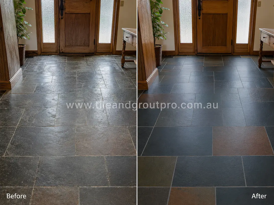 Before and after slate tile grinding in a residential entryway with worn and patchy stone flooring restored to a smooth deep charcoal appearance.
