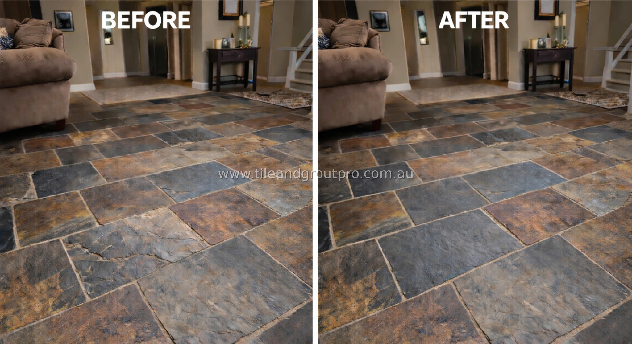 Indoor slate floor before and after repair showing restored living room tiles