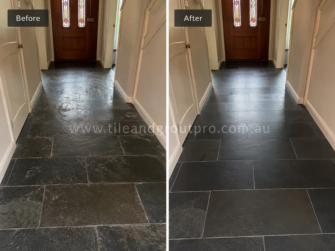 Before and after slate tile grinding in a hallway entry corridor with faded and scratched black slate flooring restored to an even charcoal appearance.