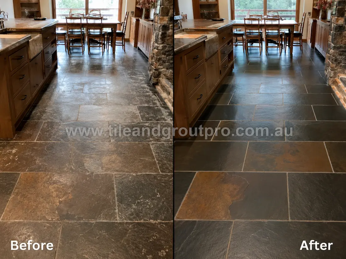 Before and after slate tile grinding in a residential kitchen with worn and patchy natural stone tiles restored to a smooth dark multi-tone finish.