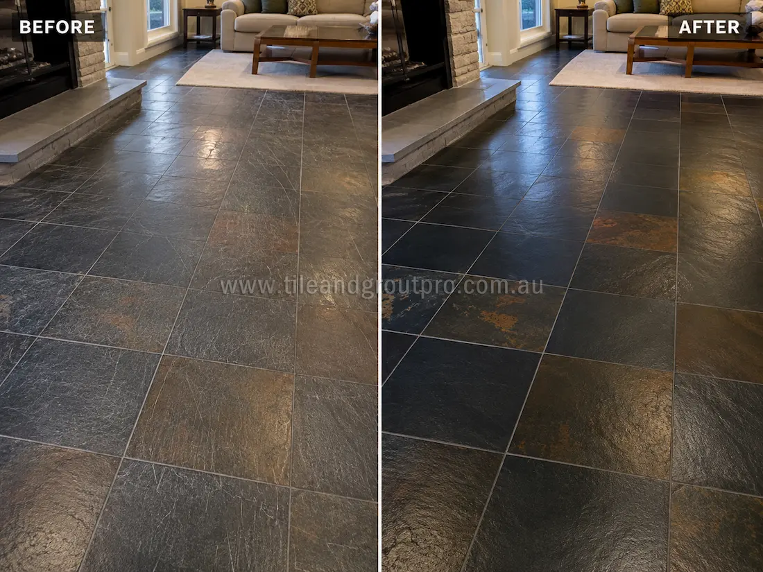 Multi-colour slate living room floor tiles with visible scratching, dull patches, and worn finish before professional scratch removal treatment.