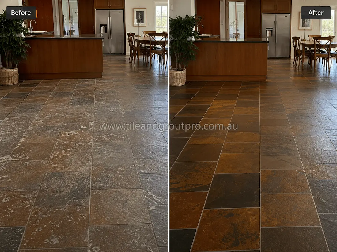 Before slate tile resurfacing, this open-plan kitchen and dining area contains multicolour slate floor tiles showing surface dullness, fading, residue buildup, and loss of natural colour depth across a high-traffic interior floor.