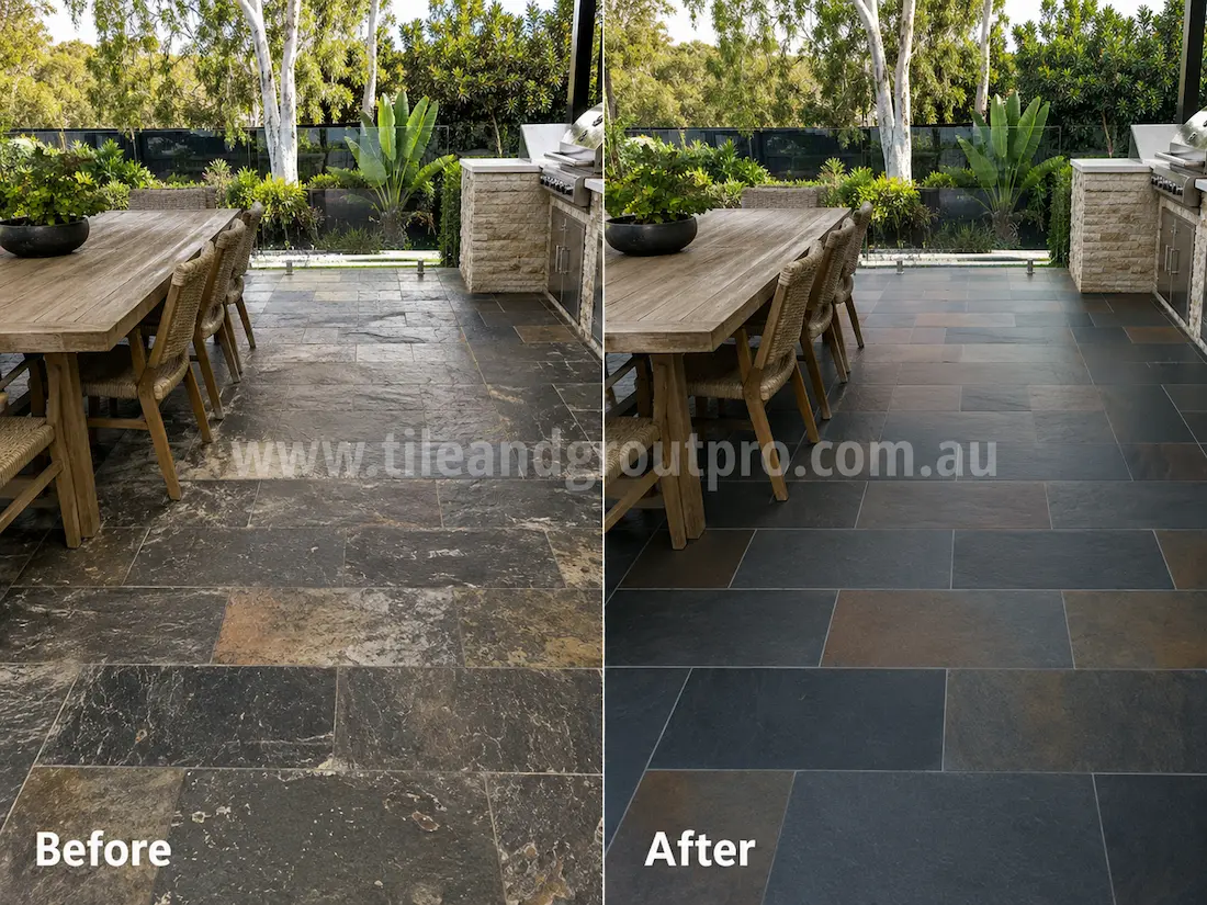 Before and after slate tile grinding in an outdoor alfresco dining and barbecue area with faded and weathered stone pavers restored to a clean deep charcoal finish.