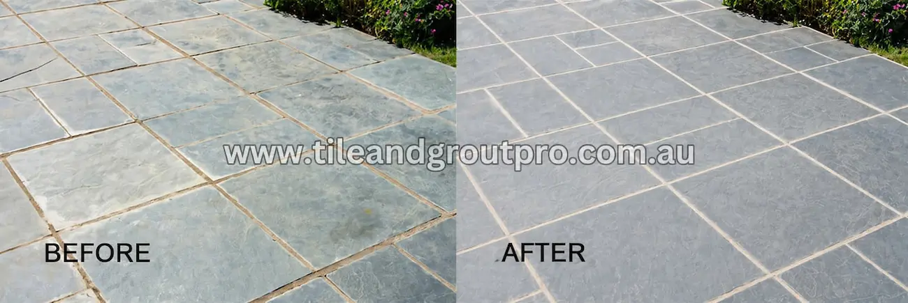 Outdoor slate patio restoration before and after pressure cleaning and sealing to revive color and remove stains