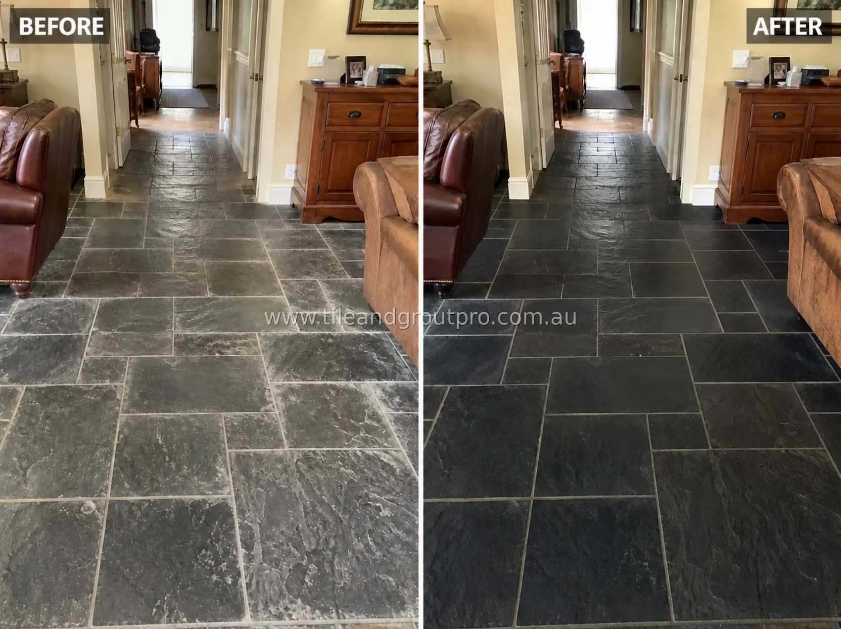 Slate natural stone tile floor in a hallway leading to a living room, showing heavy haze, residue buildup, and dull uneven finish before tile and grout cleaning