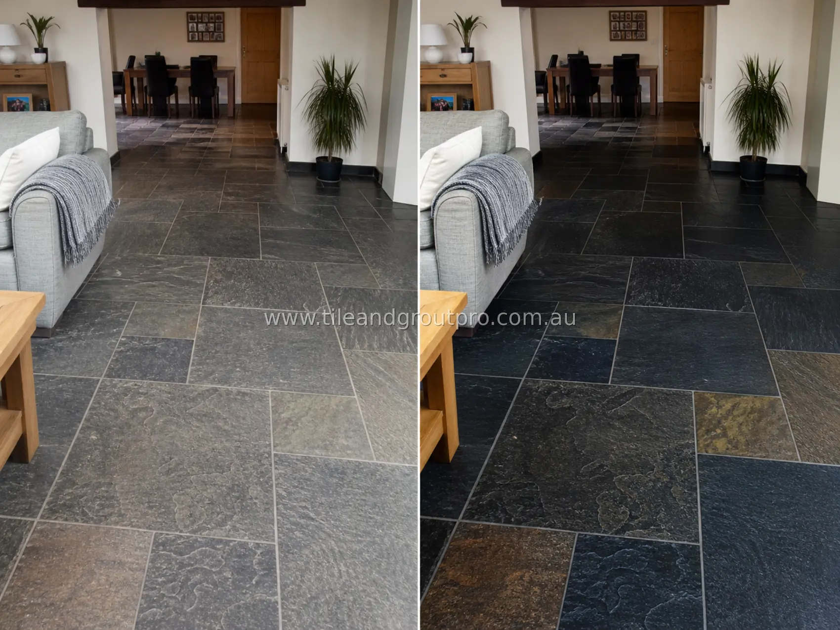 Slate natural stone floor tiles in an open-plan living and dining area with worn appearance, grime buildup, and inconsistent coloration before tile and grout cleaning