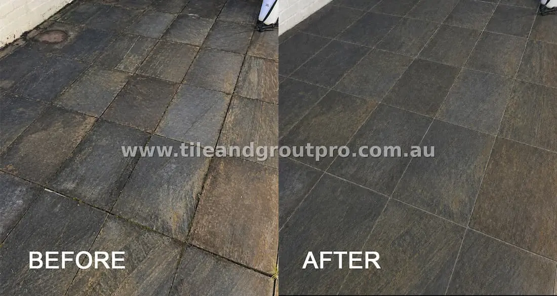Indoor slate floor restoration before and after showing removal of residue, deep cleaning, and enhanced natural stone finish