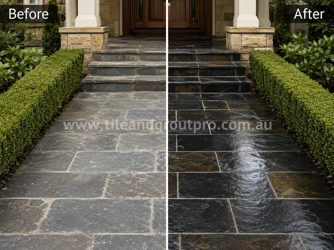Before stone-polishing of natural slate entrance pathway and steps with faded stone colouring, weathered finish, and dull outdoor surfaces leading to a residential front door.