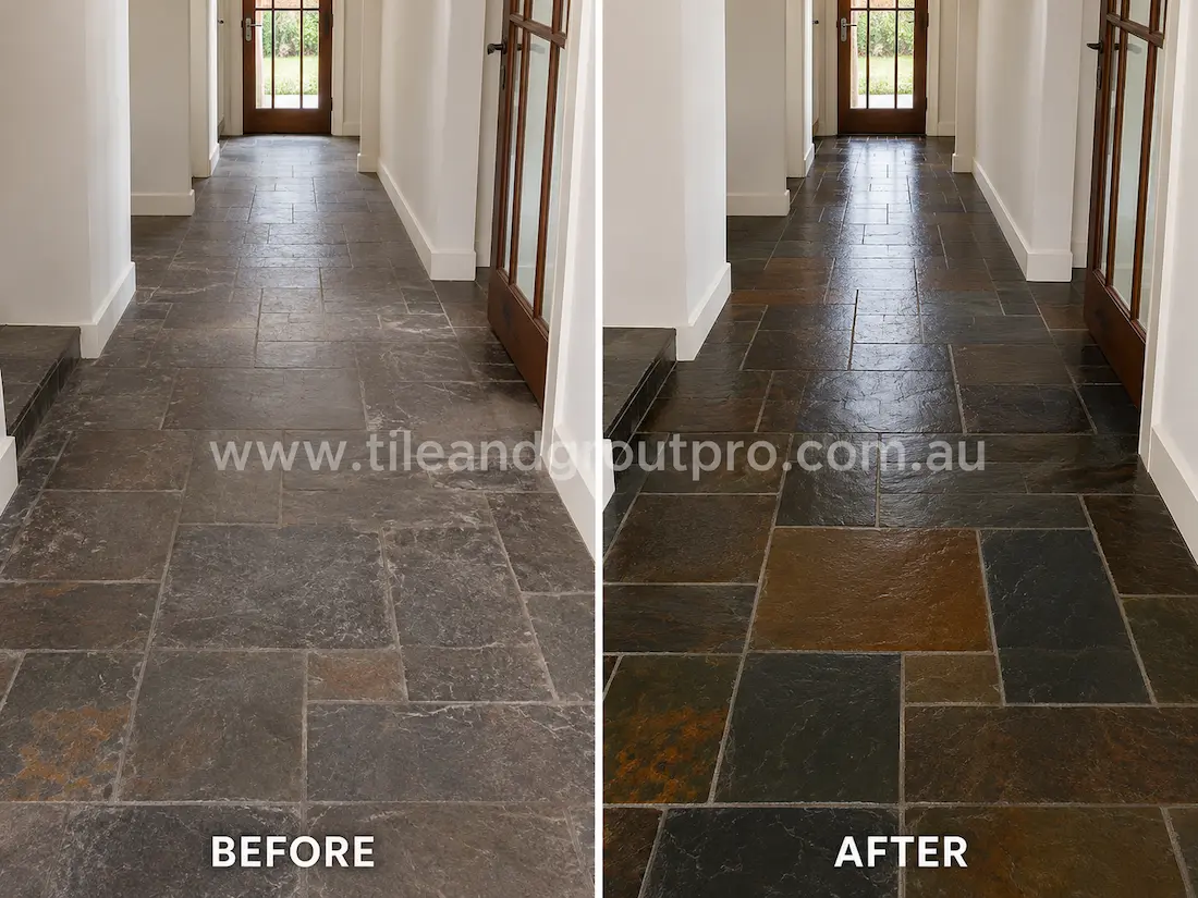 Before stone-polishing of natural slate hallway floor tiles with worn texture, faded colouring, and dull stone finish leading toward a timber-framed glass door.