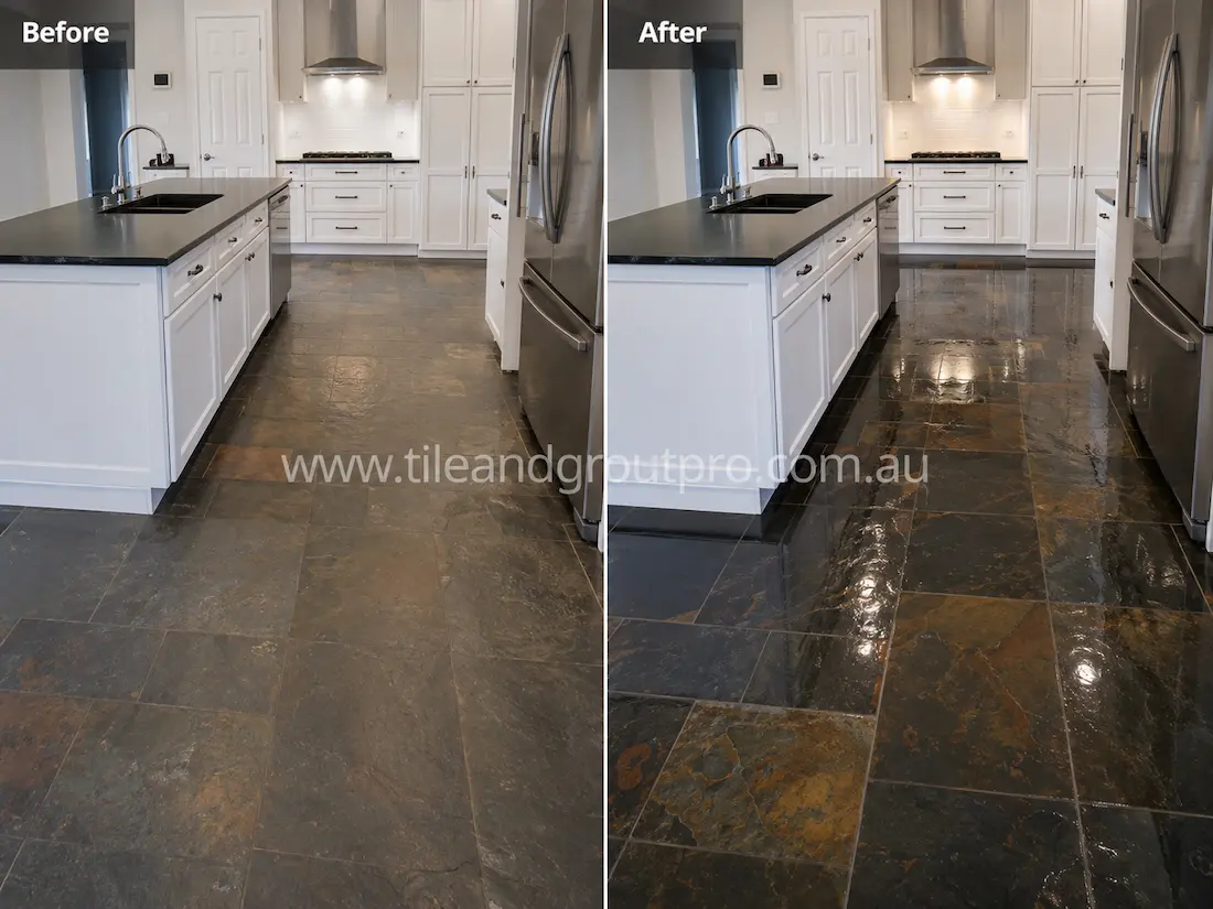 Before stone-polishing of black slate floor tiles in a residential kitchen and dining area with faded colour, dull finish, and visible surface wear.