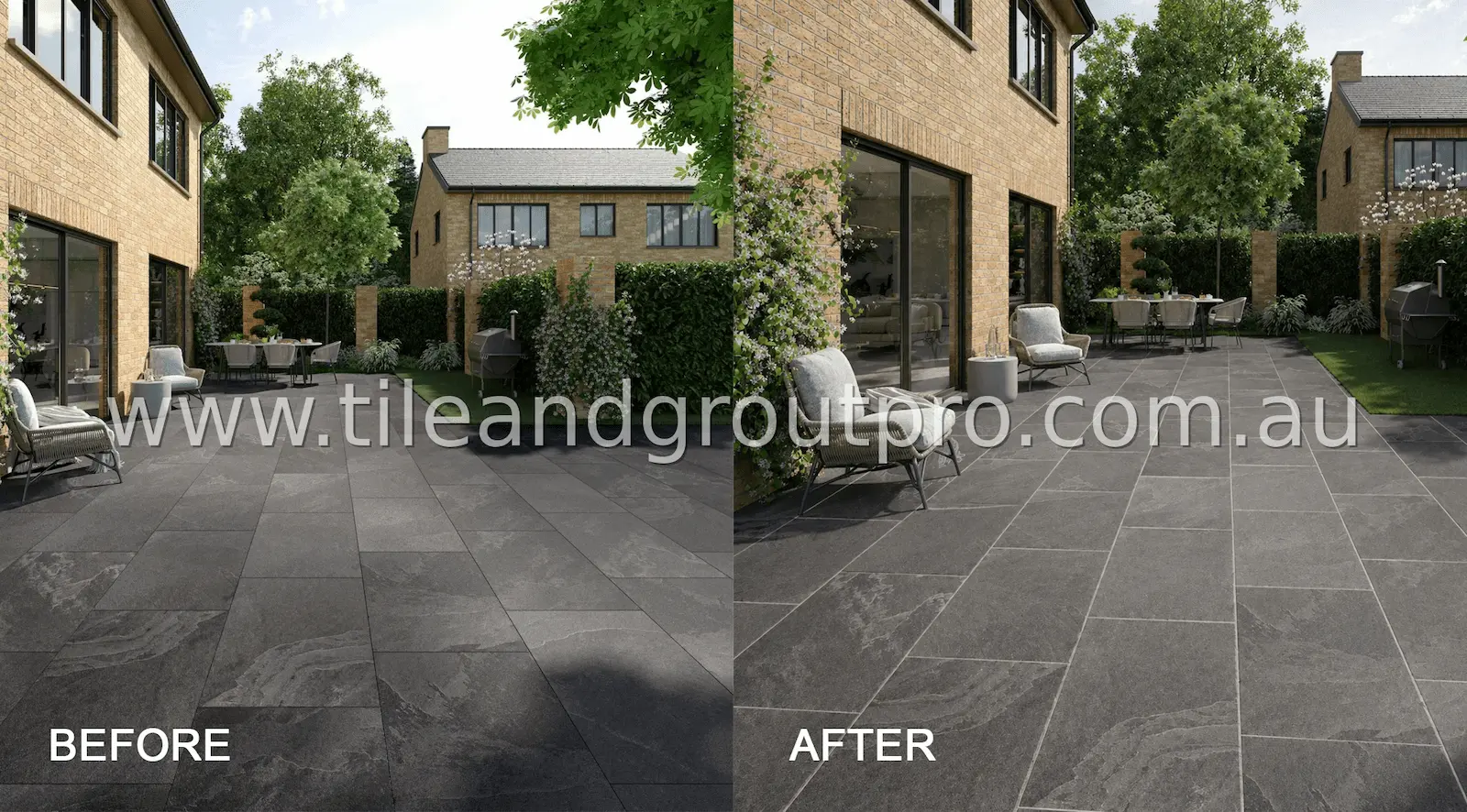 Slate patio regrouting before and after showing clean grout lines and restored modern backyard paving