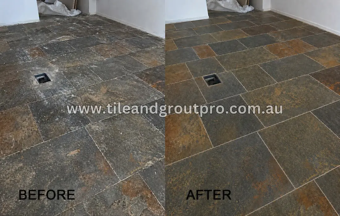 Outdoor slate patio restoration before and after pressure cleaning and sealing to revive color and remove stains