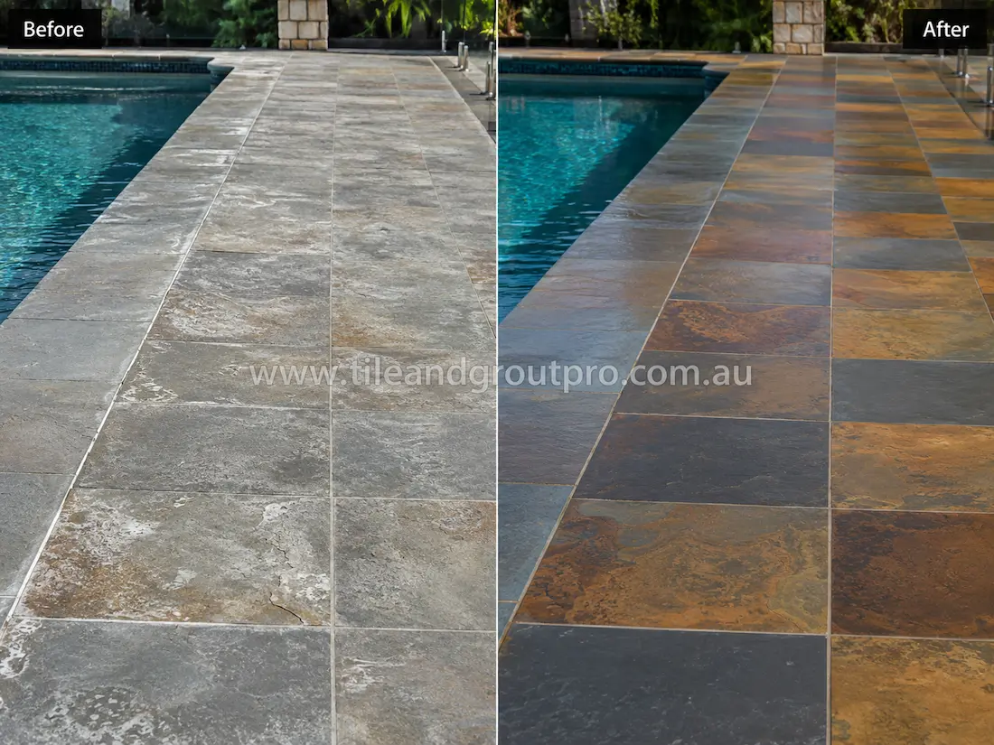 Before and after slate tile grinding around a swimming pool with faded and stained outdoor stone pavers restored to a vibrant multi-tone natural finish.