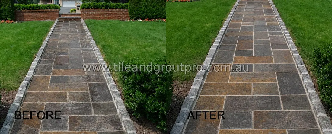 Slate walkway restoration before and after outdoor cleaning and sealing to enhance appearance and protect stone surface