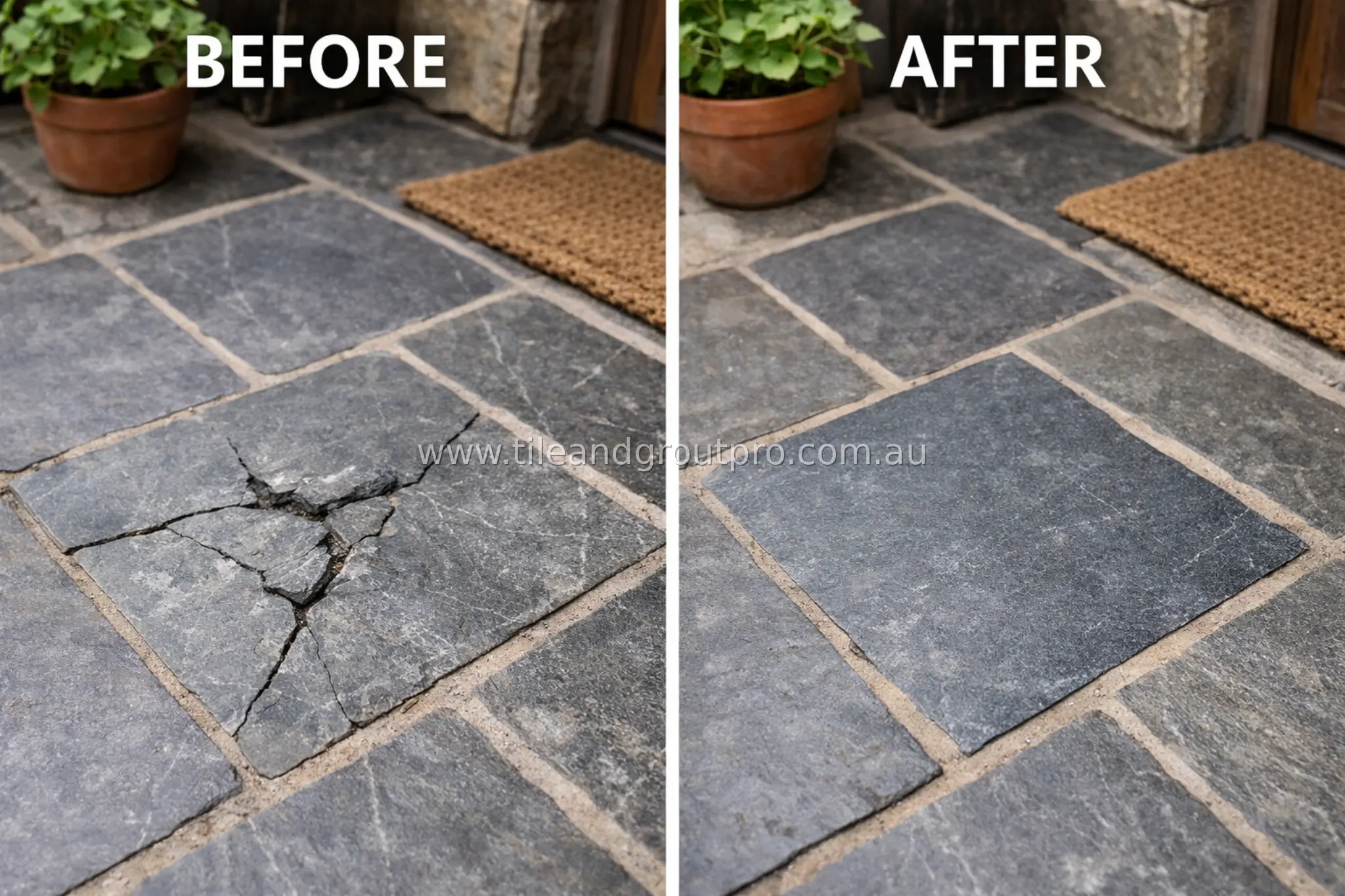 Dark stone doorstep floor before and after repair showing fixed cracked tiles