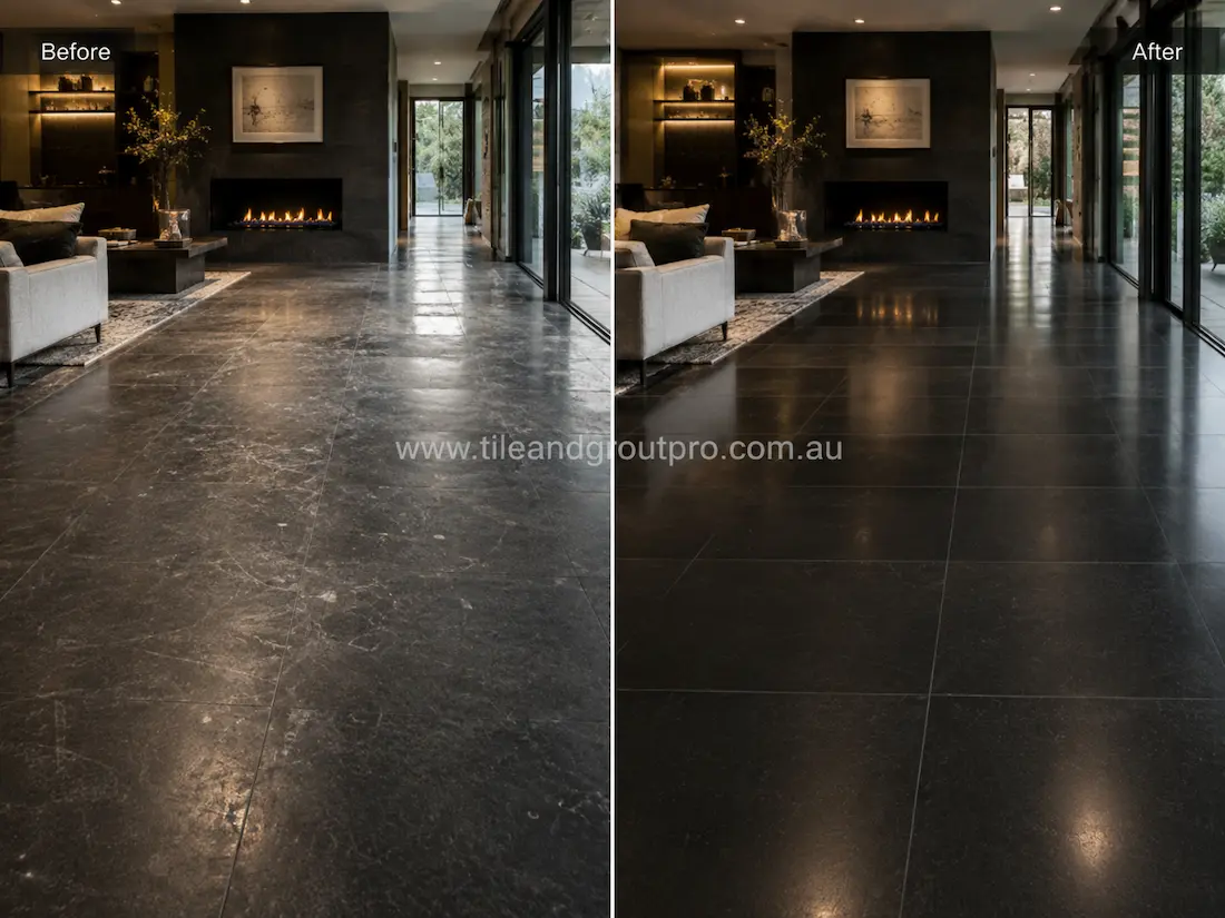Before and after view of a dark soapstone fireplace surround and matching living room floor showing dull, etched stone restored with professional grinding and refinishing in a modern interior.