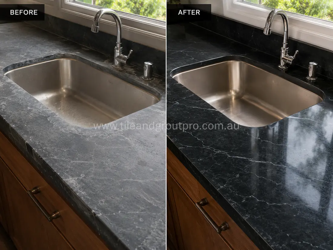 Before stone-polishing, the black soapstone kitchen countertop around the stainless steel sink showed a cloudy, worn finish with visible water marks and reduced depth of color.