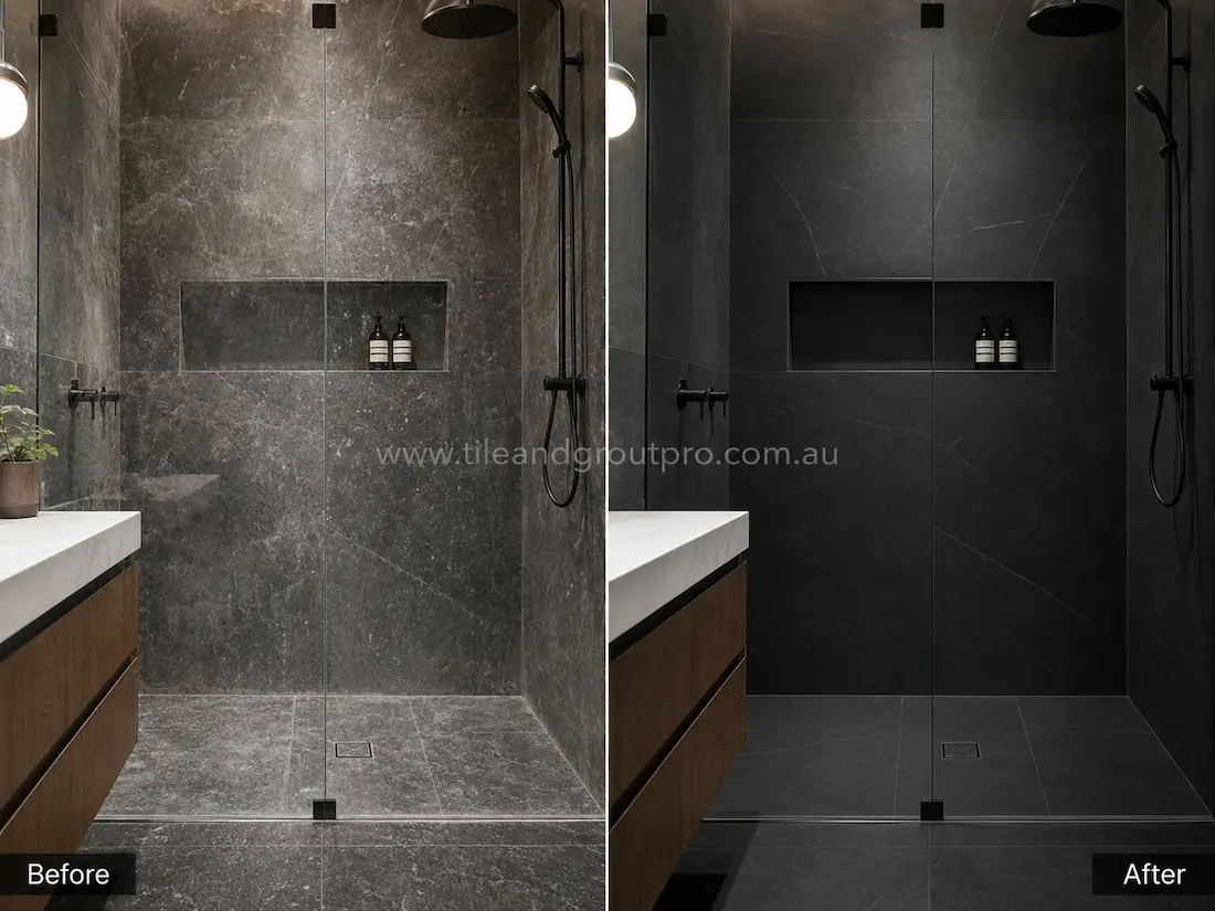 Before and after tile resurfacing of soapstone-look bathroom shower wall and floor tiles, showing worn dark stone-look surfaces with heavy mottling restored to a smooth matte black finish in a contemporary bathroom.
