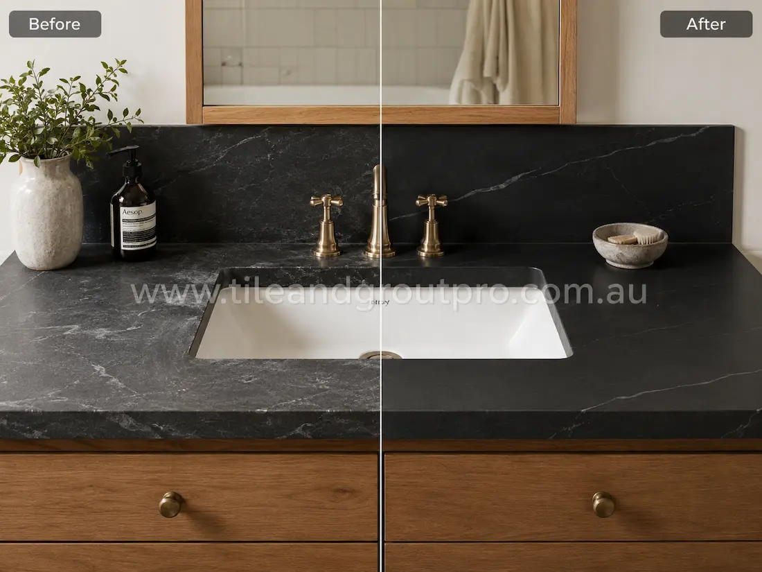 Before and after tile resurfacing of a soapstone-look bathroom vanity countertop and splashback, showing visible water marks, etching and surface wear restored to a smooth, elegant finish with subtle white veining.