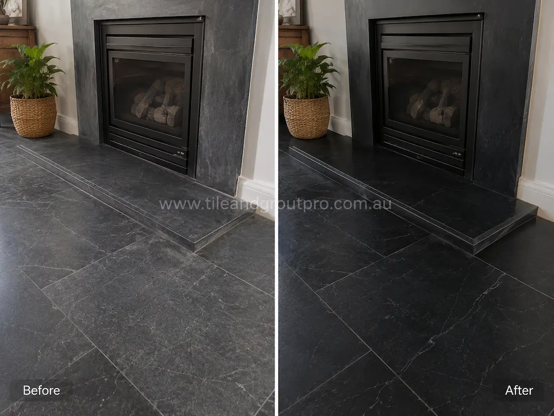 Before and after tile resurfacing of soapstone-look fireplace floor tiles and raised hearth, showing worn dark stone-look tiles restored to a clean, uniform black finish with subtle veining in a living room setting.