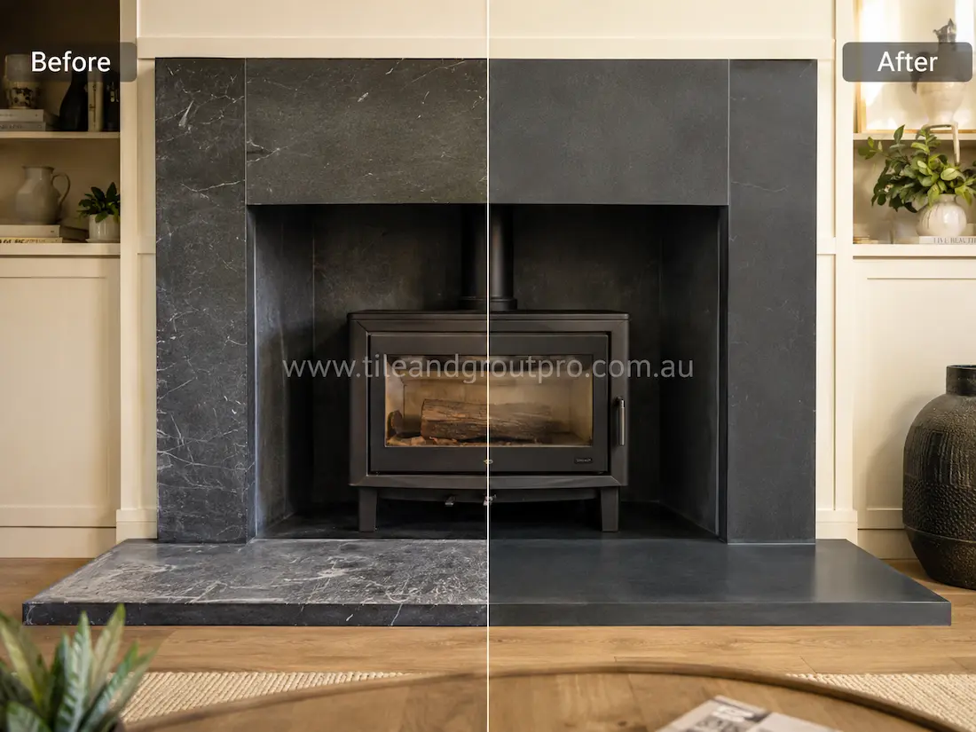Before and after tile resurfacing of a soapstone-look fireplace surround in a living room, showing a faded and marked dark stone surface restored to a clean, consistent finish with refined natural veining.