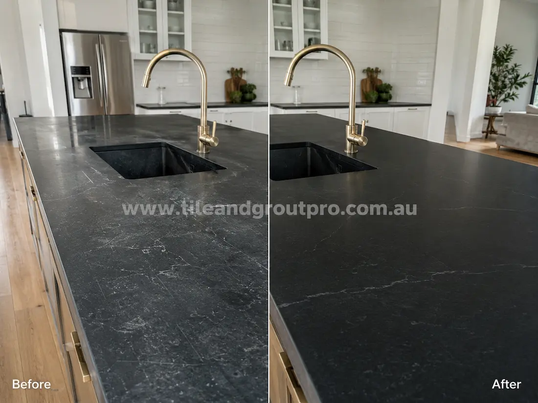 Before and after tile resurfacing of a soapstone-look kitchen countertop with undermount sink, showing etched and scratched dark stone-look surfaces restored to a smooth matte black finish in a bright modern kitchen.