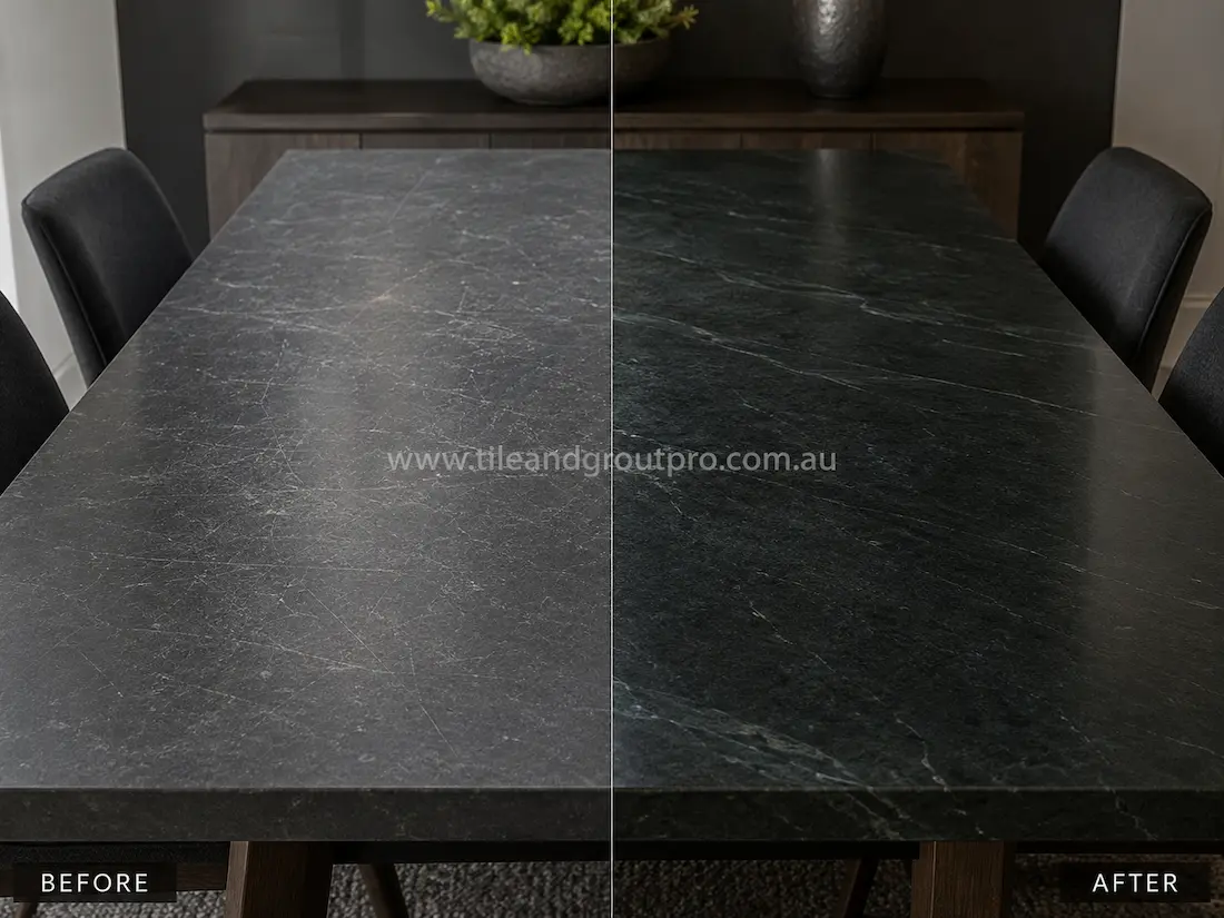 Soapstone lounge or side table surface before and after polishing, highlighting restored dark finish and smooth texture after polishing.
